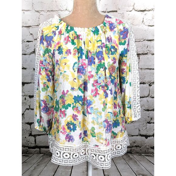 HOPE & HARLOW Floral Boho Cottage Peasant Coastal Feminine Artsy Top Medium - Picture 1 of 7